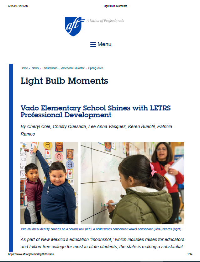 Vado Elementary School Shines with LETRS Professional Development